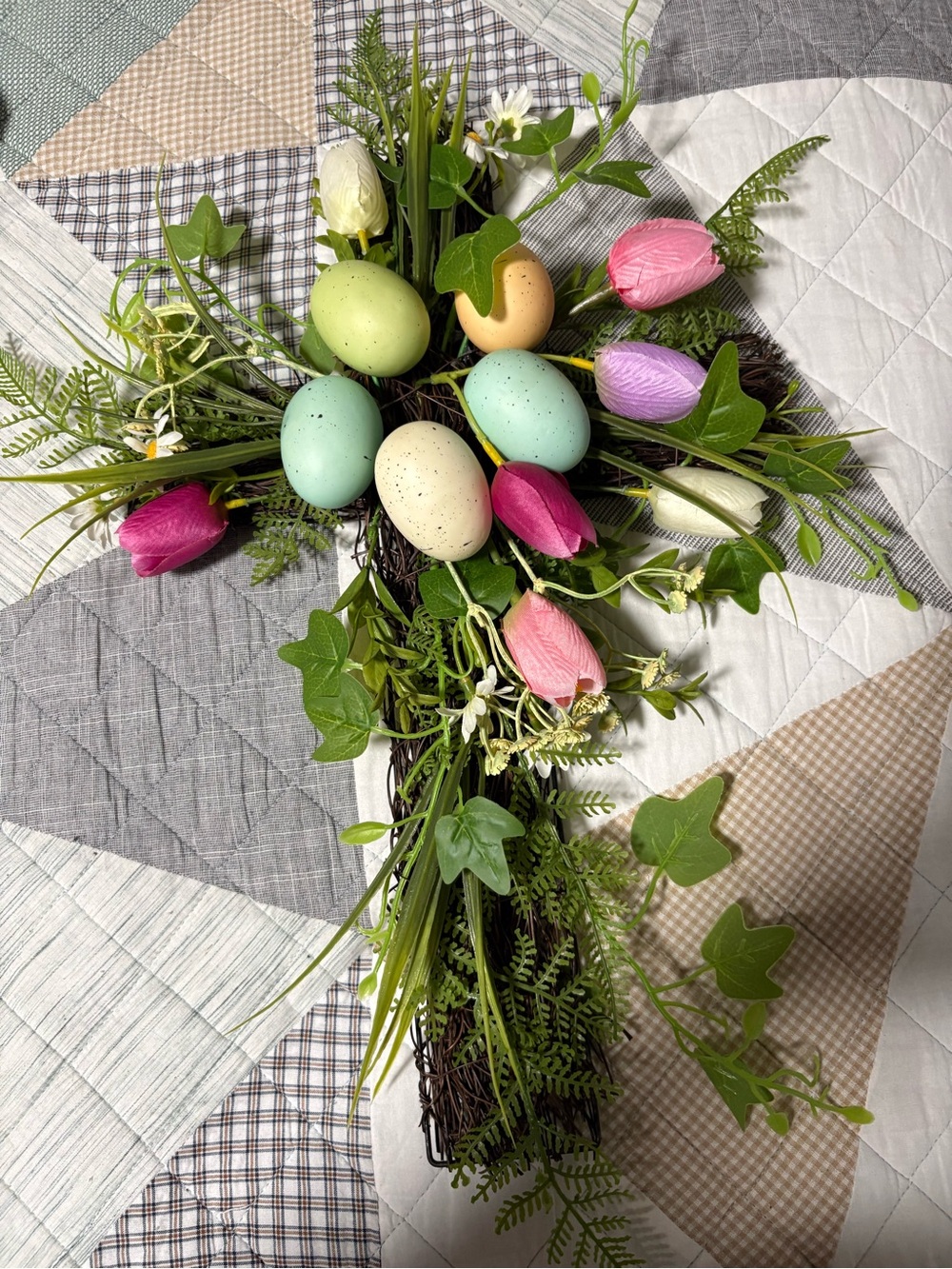 Spring Tulip and Egg Faux Floral Wreath – Pink, Purple, Cream & Green